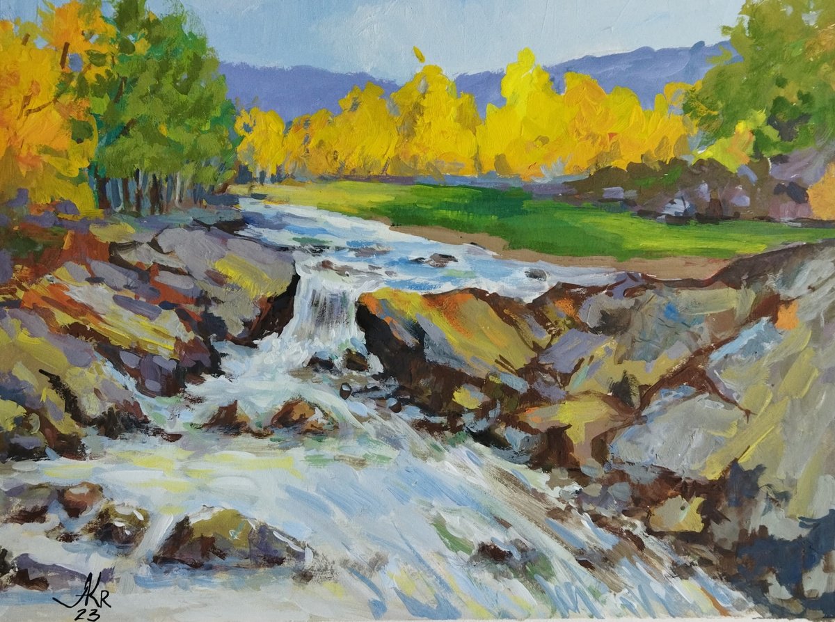 Impressionistic Landscape Painting By Ann Krasikova, 16 X 12, Mountain Stream Music, Original Artwork