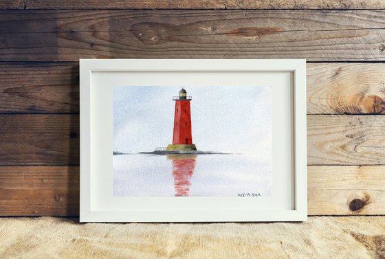 Red lighthouse in the sea. Minimalism. Original watercolor artwork.