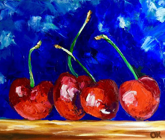 Cherries. Still life. Palette knife painting on linen canvas