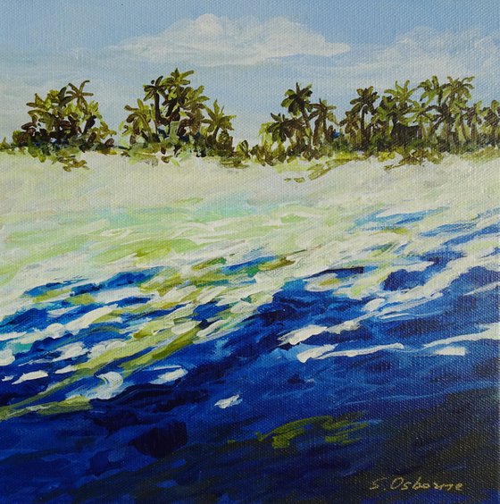 Small Abstract Seascape Painting. (25 x 25 cm). Modern Seascape, Beach, Palm Trees, Coastal Art. Gift Idea