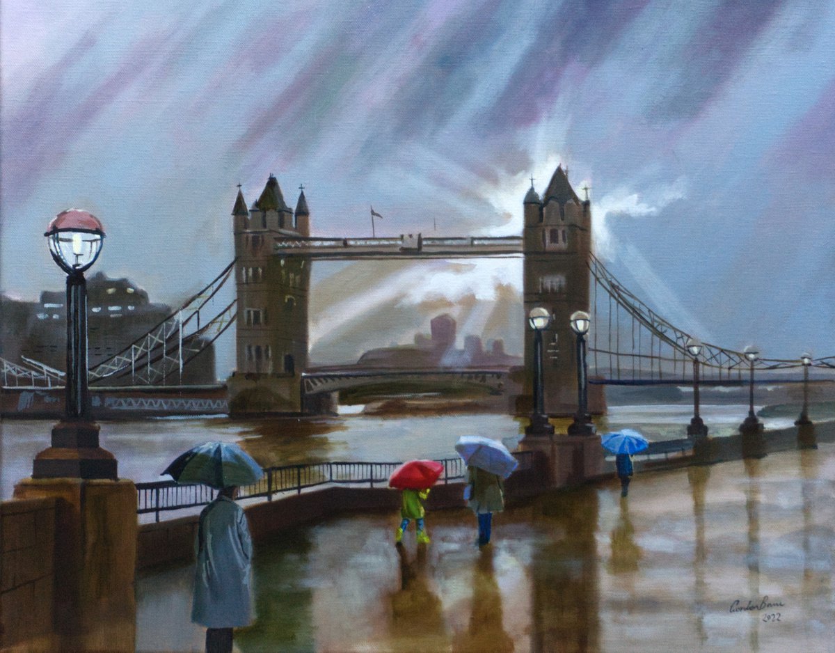 Tower Bridge London rain painting by Gordon Bruce