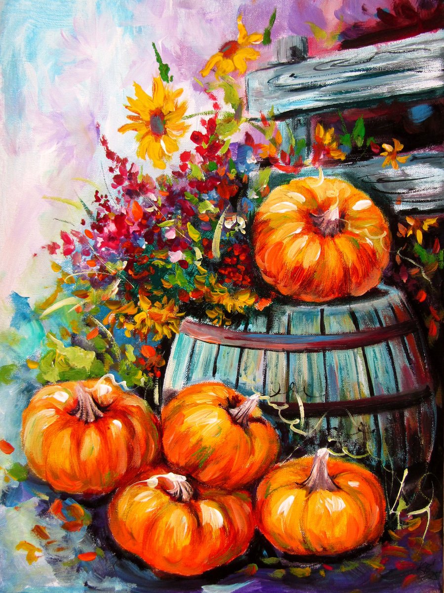 Pumpkins And Flowers Iii By Kovacs Anna Brigitta, 12 X 16, Artwork For Sale On Artfinder