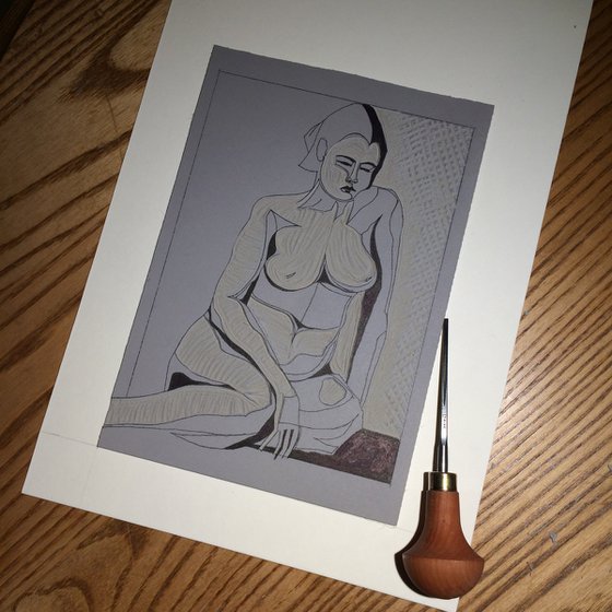 Nude Seated (Straw, blue & brown colourway on coloured paper)