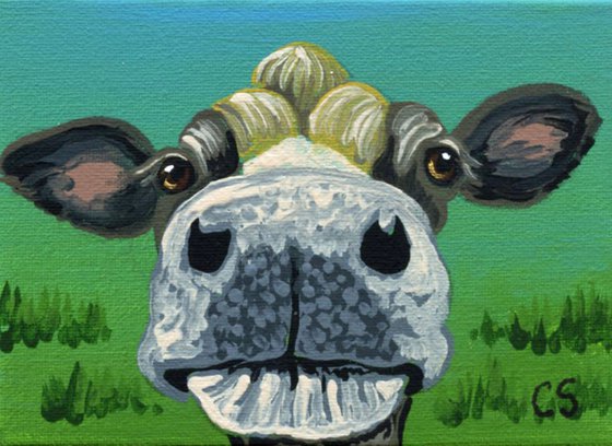 ACEO ATC Original Painting Brown Cow Farmyard Art-Carla Smale