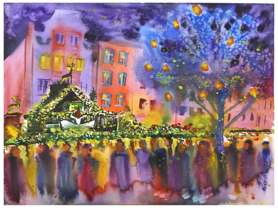 Christmas Market in Cologne Watercolor Painting Semi Abstract Wall Art