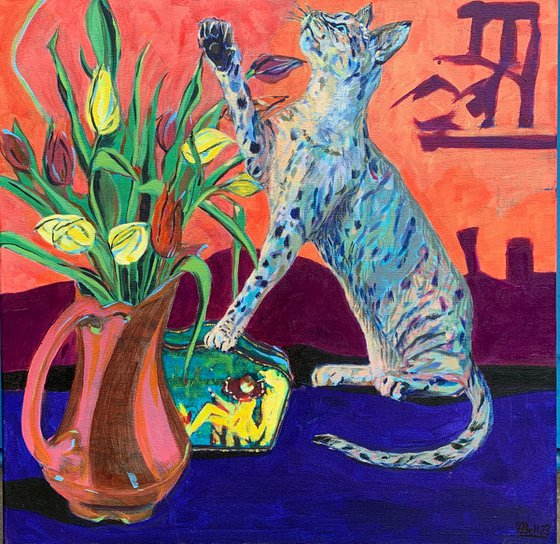“Bengal Cat with a vase of Tulips”
