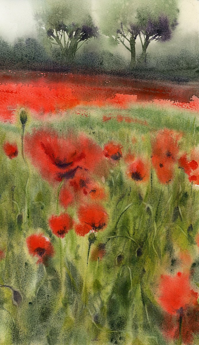 Impressionistic Landscape Watercolour By Tatyana Tokareva, 9 X 15", Coquelicot, 2., Original Artwork