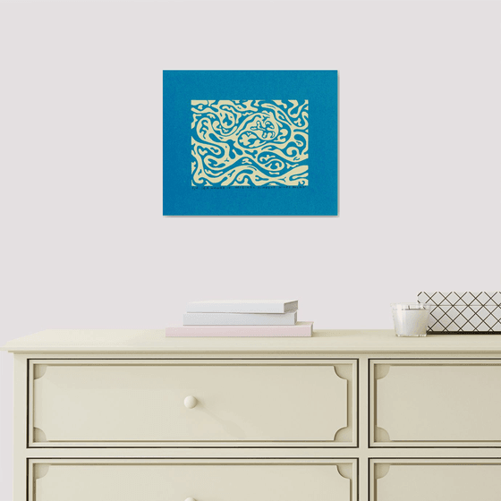 SEA WAVES IV linocut white on blue