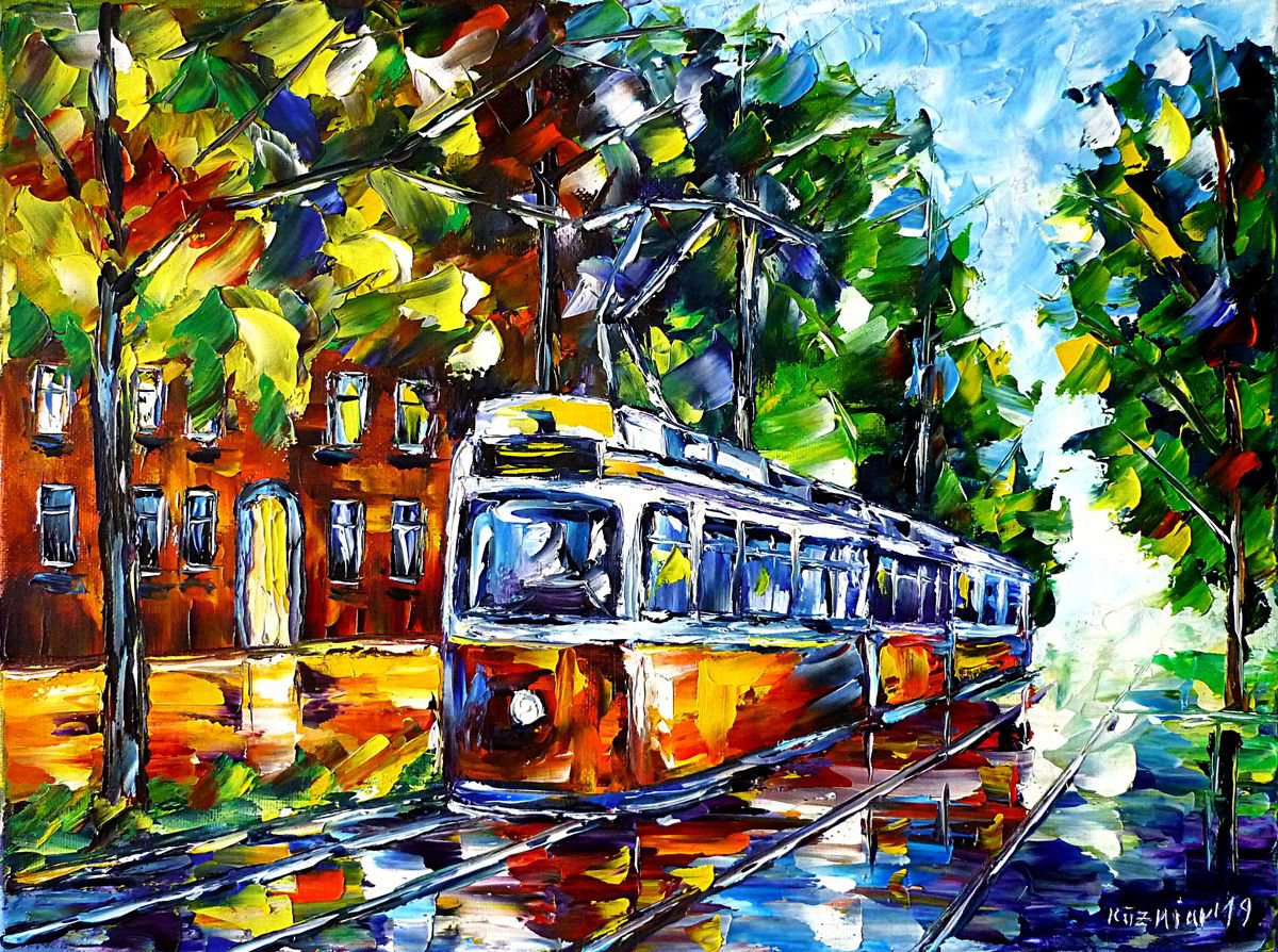 Expressive Cityscapes Oil Painting By Mirek Kuzniar, 16 X 12", Red Trolley, Original Artwork