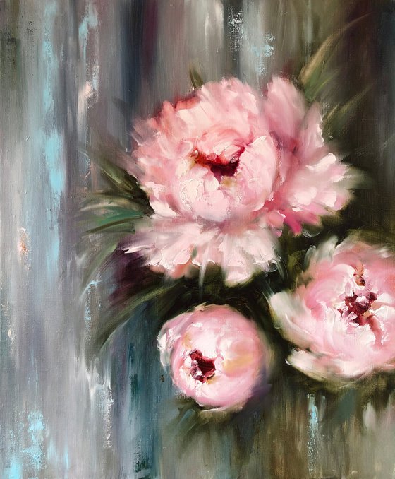 ROYAL PEONY - Abstract peonies. Garden flowers. Large buds. Macro flowers. Pale pink petals. Bouquet. Twilight. Haze.