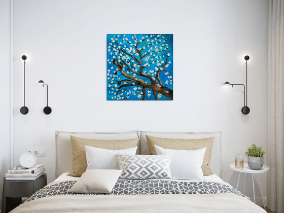 Almond blossom on turquoise inspired by Vincent Van Gogh oil painting ready to hang