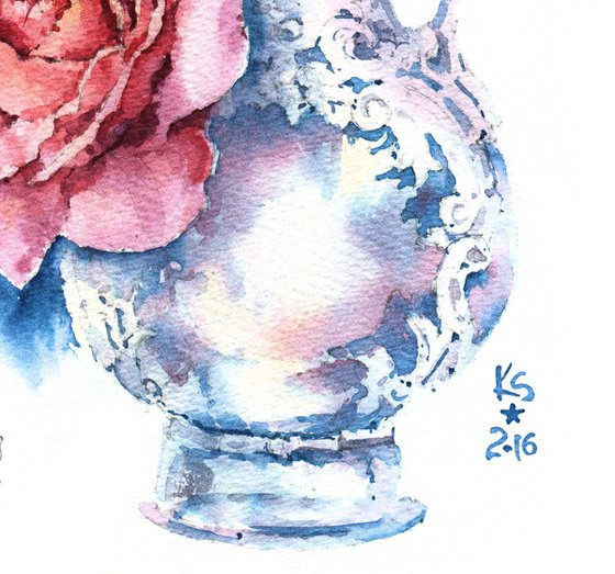 "Silver" watercolour sketch with antique decanter and rose