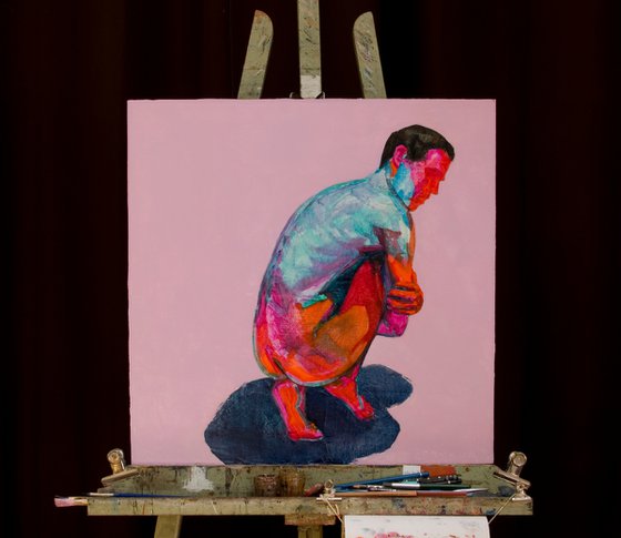 modern pop art portrait of a nude man in blue red and pink