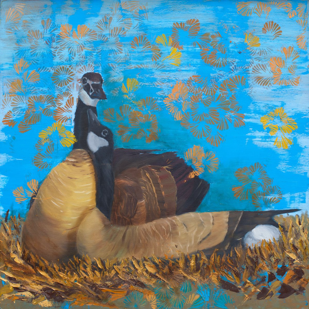 Expressive Animal Oil Painting By Rebeca Fuchs, 25 X 25", Canada Geese, Original Artwork