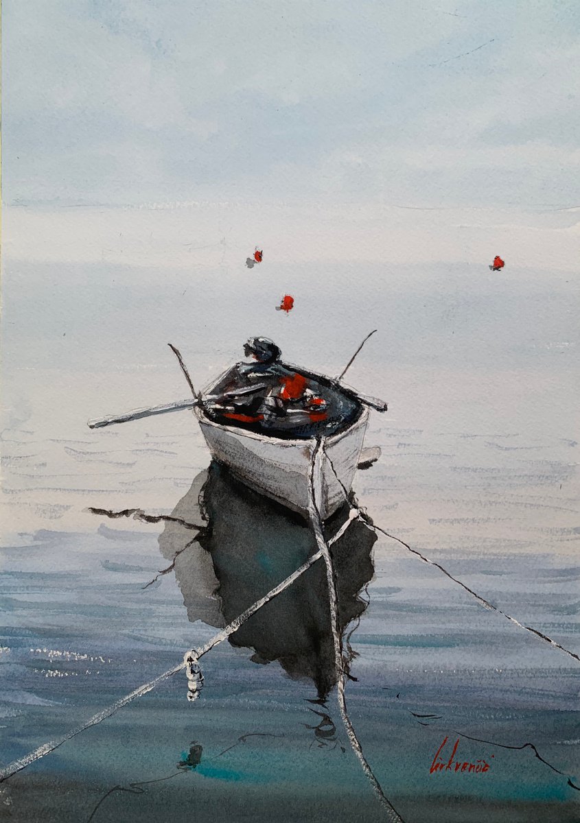 Impressionistic Landscape Watercolour By Tihomir Cirkvencic, 9 X 13", Old Fishing Boat, Original Artwork