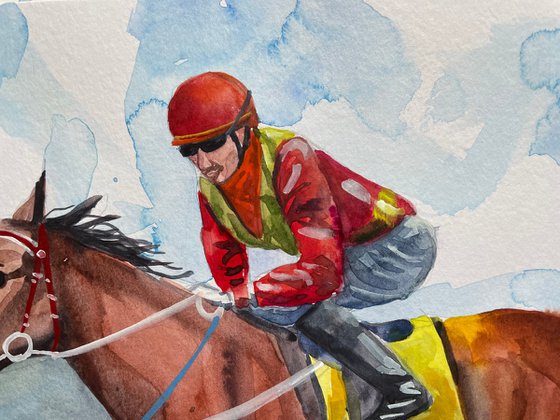 Horse Watercolor Painting, Horse Racing Original Artwork, Equestrian Sport Picture, Farmhouse Decor