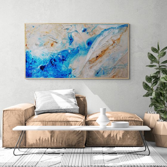 Casbah Rush 190cm x 100cm Blue Cream Textured Abstract Art