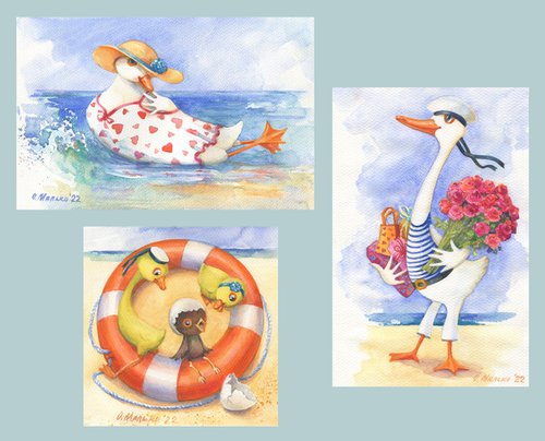 In a Port City (Set) / ORIGINAL watercolor Sea illustration Funny goose, duck, chicken Bright pictures by Olha Malko