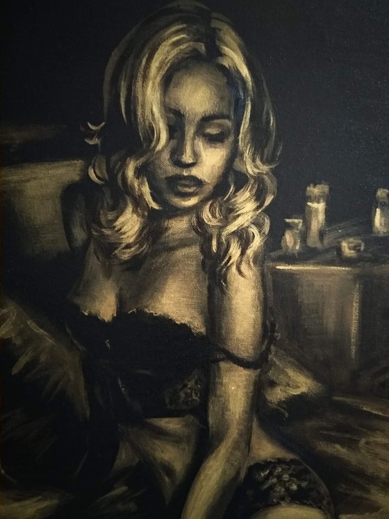 Erotic Art Sexy Woman Portrait Boudoir Scene Black and Gold Original Acrylic Painting