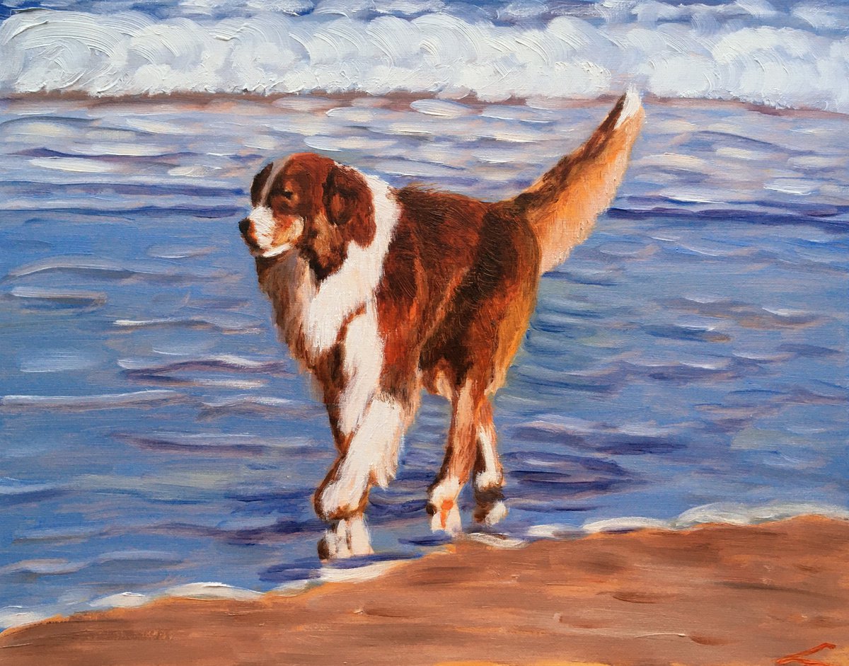 Impressionistic Animal Oil Painting By Elena Sokolova, 20 X 16, Dog At The Sea 5, Original Artwork