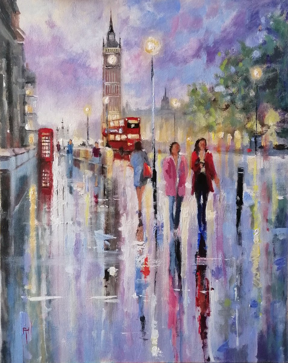Impressionistic Cityscapes Acrylic Painting By Alan Harris, 16 X 20, London After The Rain, Original Artwork