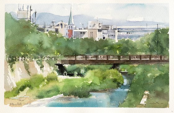 Ashiya River and Church - 30x20cm Sketch