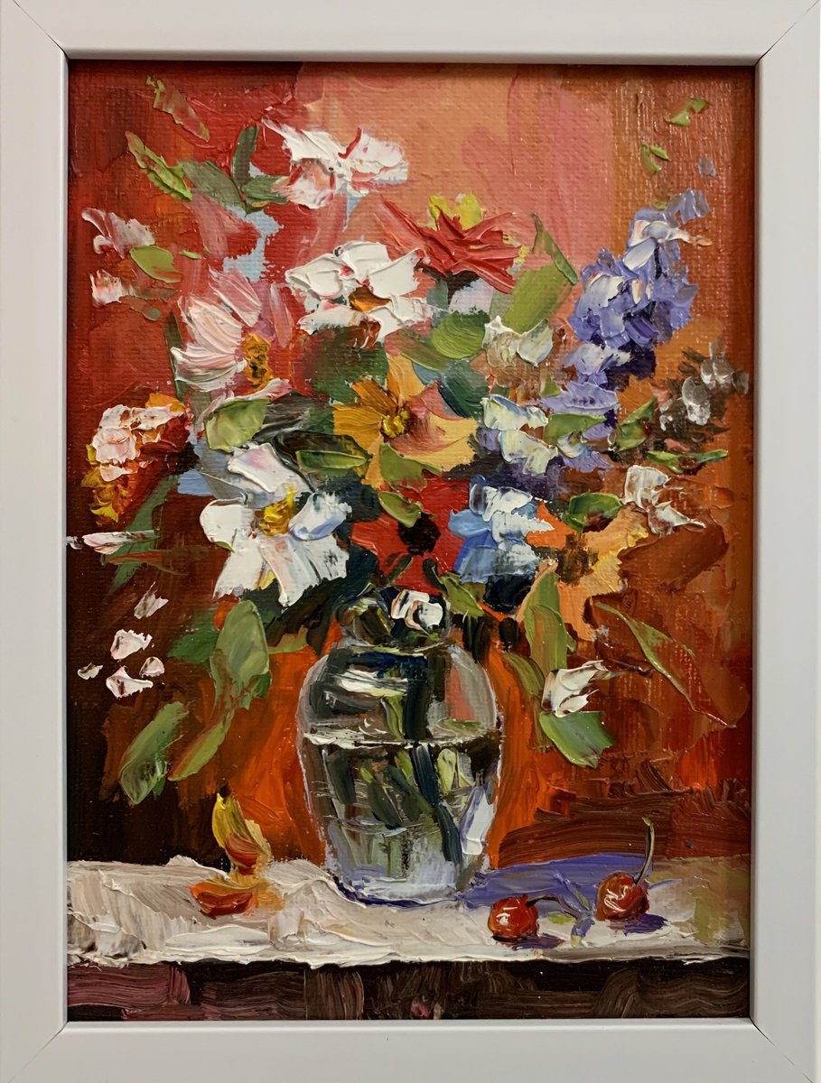 Bouquet, White Flowers On Red By Vita Schagen, 6 X 8, Artwork For Sale On Artfinder