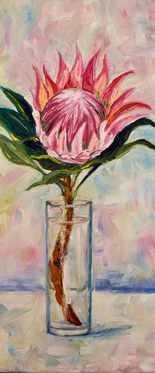 Flower protea original oil painting on canvas, pink plant in glass still life by Kate Grishakova