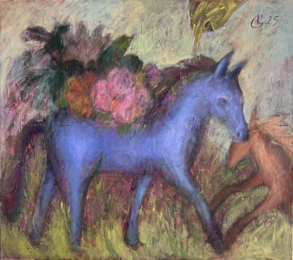 Expressive Animal Acrylic Painting By Ksenia Kozhakhanova, 35 X 31", "Flower Courier", Original Artwork