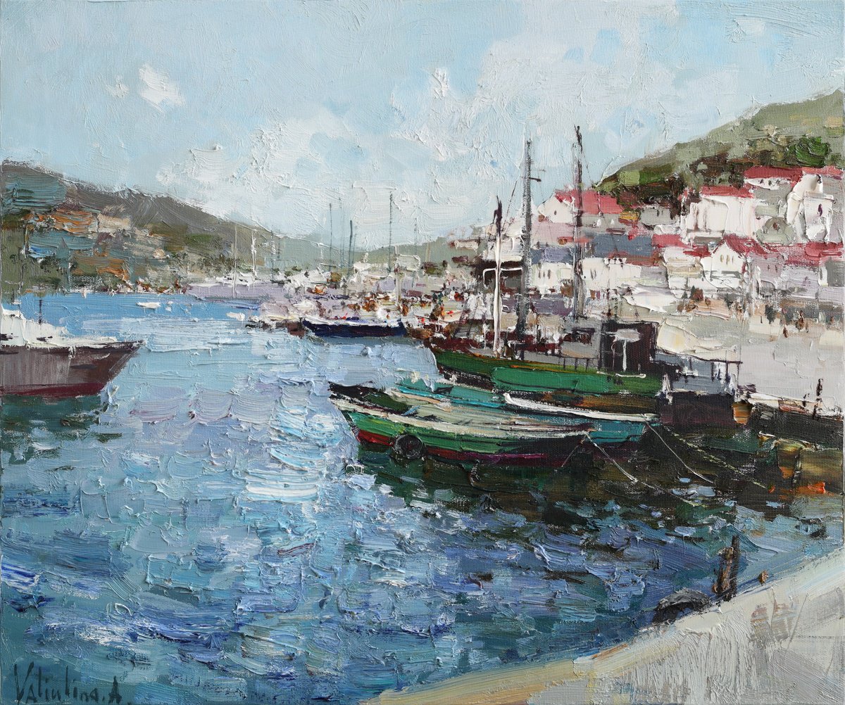 Impressionistic Landscape Oil Painting By Anastasiia Valiulina, 24 X 20, Boats In The Bay, Original Artwork