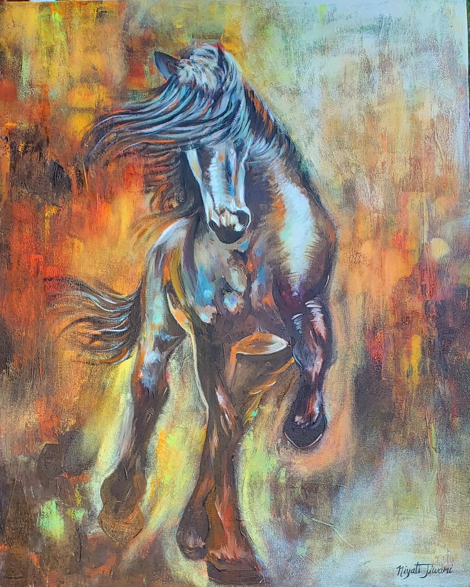 Impressionistic Animal Oil Painting By Niyati Jiwani, 24 X 30", Mustang, Original Artwork