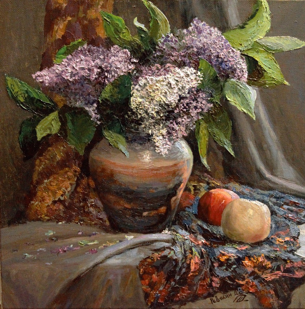 Lilac bouquet in a clay vase. Collection oil painting by Dmitry Revyakin