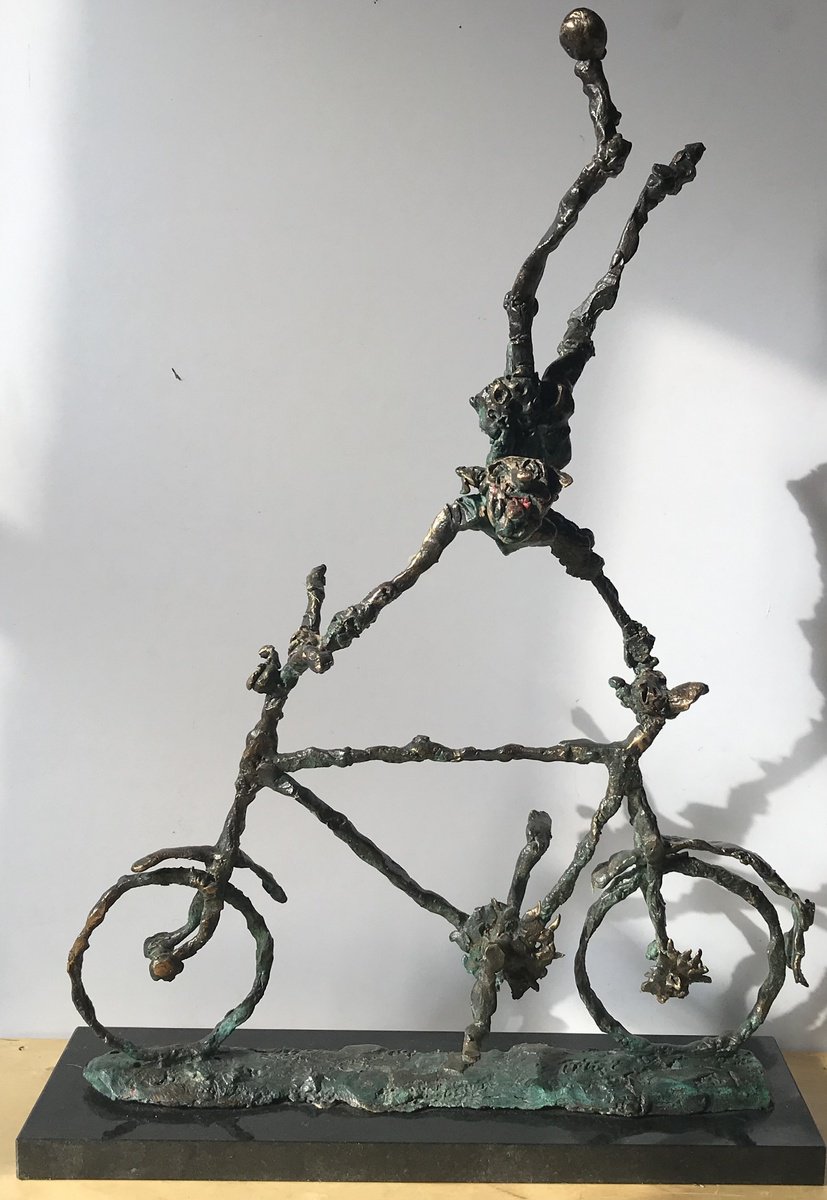Surrealistic Portrait Bronze Sculpture By Toth Erno, 12 X 20", Bicycle Clown 3., Original Artwork