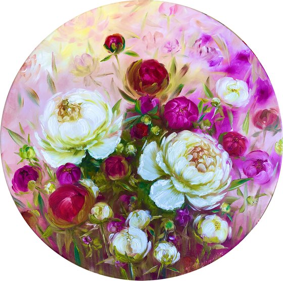 FLOWER TREASURE - Peonies. Pink flowers. Round picture. Floral decor. White peonies. A blooming garden. An unusual picture. Gorgeous flowers. Petals. Fuchsia. Softness.