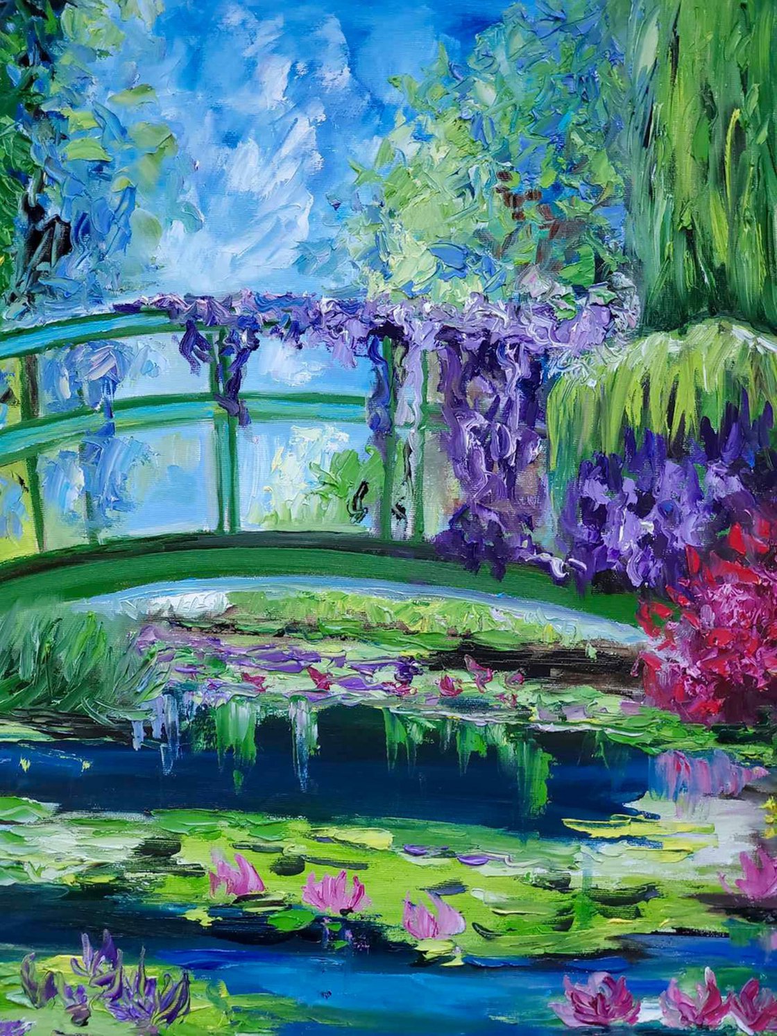 Giverny, garden of Claude Monet in summer bloom, water lilies, irises ...