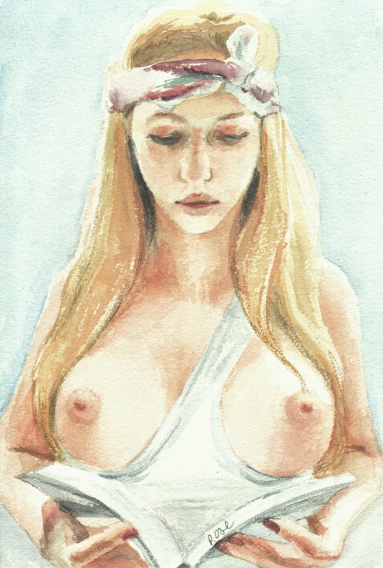 Reading. Erotic nude watercolour painting.