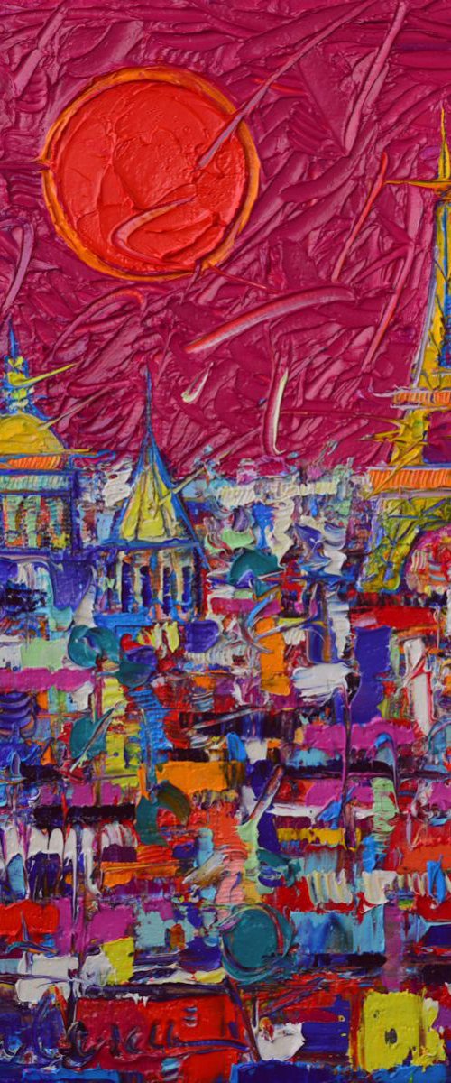 EIFFEL TOWER FULL MOON PARIS MAGENTA PINK SKY ABSTRACT CITYSCAPE impasto contemporary impressionist palette knife oil painting by ANA MARIA EDULESCU