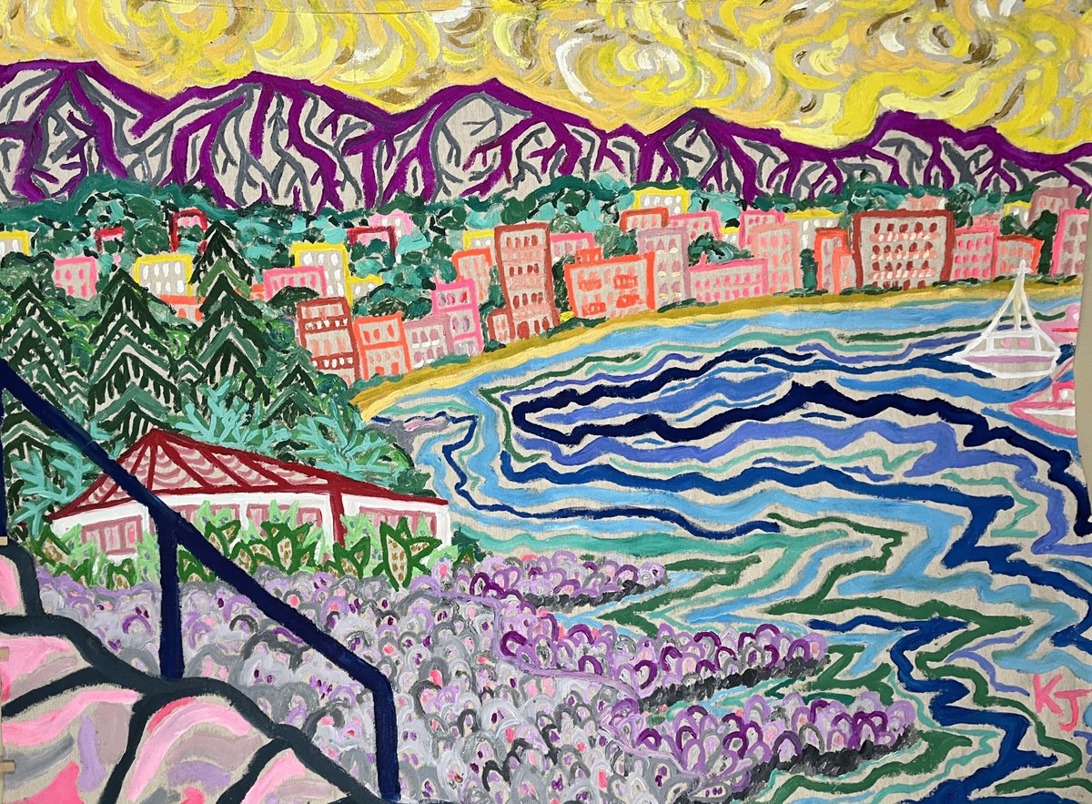 Expressive Landscape Acrylic Painting By Katie Jurkiewicz, 48 X 36", Menton (Sea View), Original Artwork
