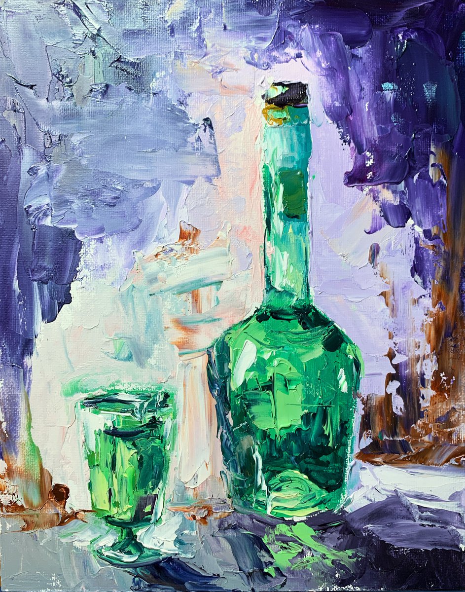 Green bottle. Brandy. still life. Original impasto, Palette knife oil painting. by Vita Schagen
