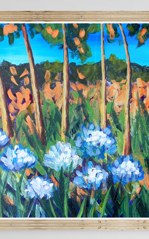 Very positive painting with bright trees and flowers original oil painting on canvas by Olya Shevel
