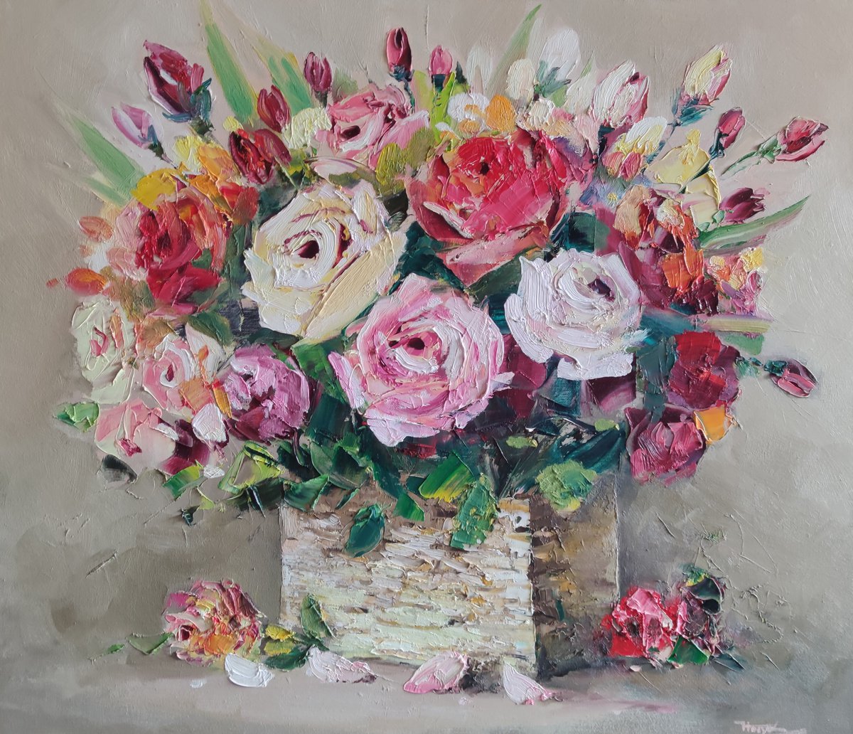 Bouquet (70x60cm, oil painting, ready to hang) by Hayk Miqayelyan
