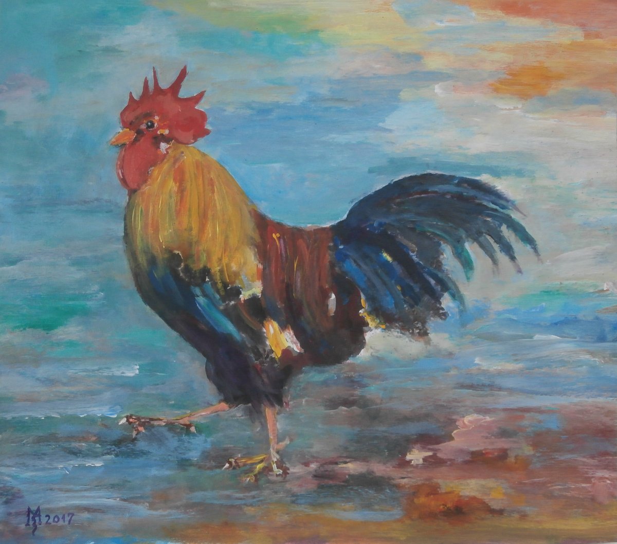 Impressionistic Animal Acrylic Painting By Zoran Mihajlovic Muza, 12 X 11", Rooster, Original Artwork