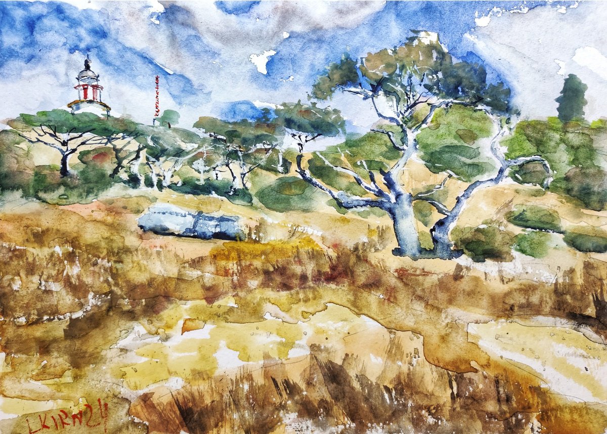 Impressionistic Landscape Watercolour By Leonid Kirnus, 16 X 12", Lighthouse Stella Maris, Original Artwork