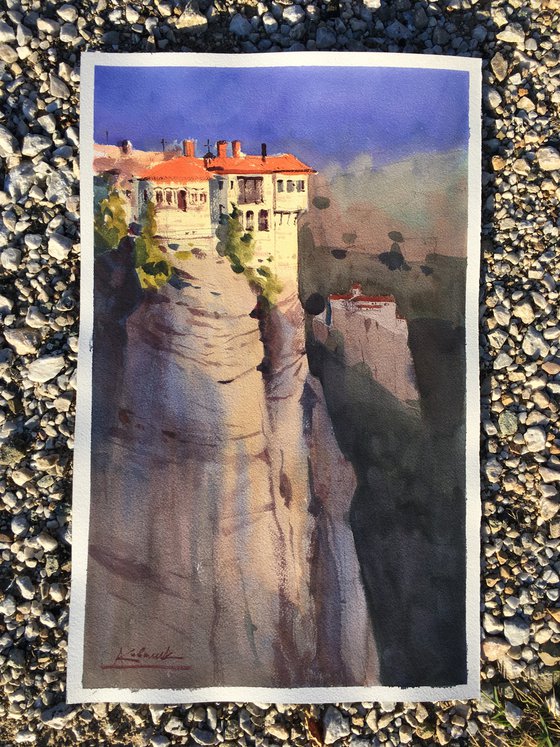 Handmade watercolor painting “Meteora. Monastery of St. Barlaam”