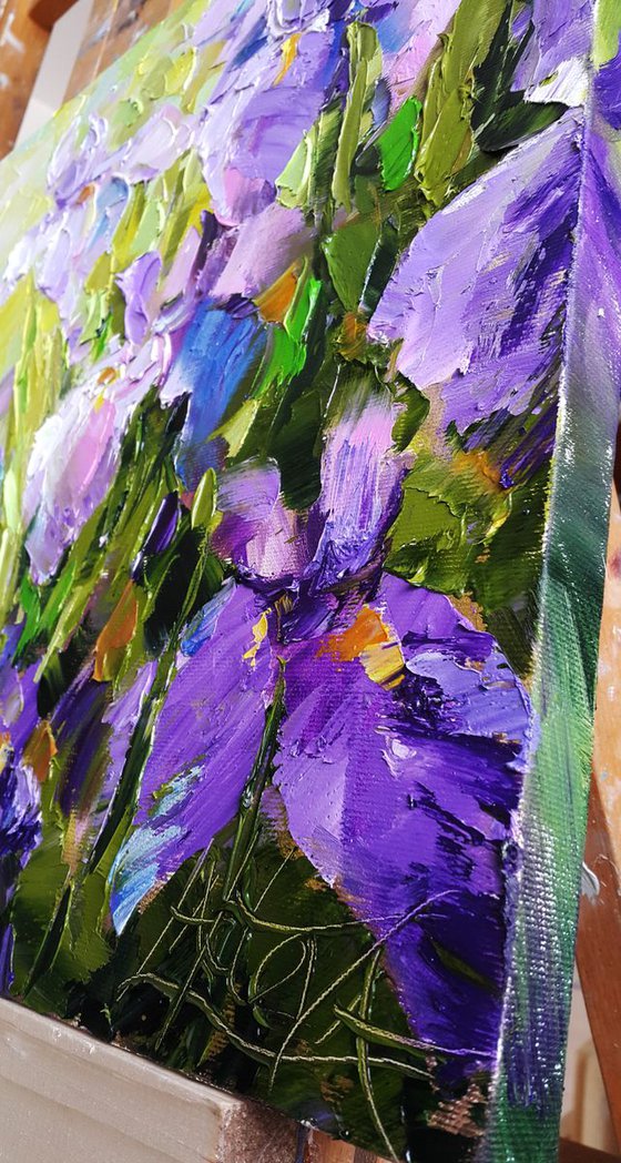 Oil Original Painting " Field Irises" Impasto flowers on canvas, palette knife