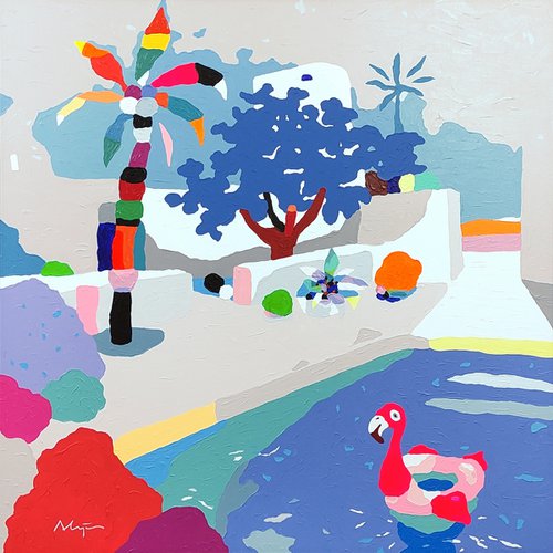 Flamingos' house (pop art, landscape) by Alejos