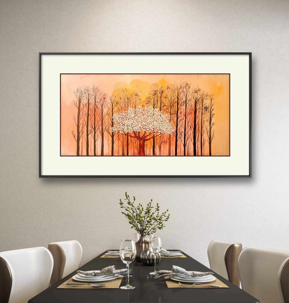 Illustrative Landscape Watercolour By Marian Gorin, 22 X 12", A Murmur In The Trees, Original Artwork