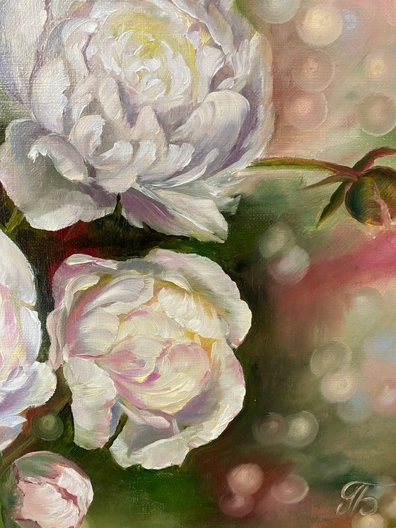 Peonies.  Aerial oil painting.