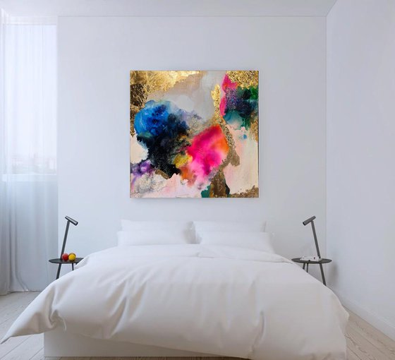 large colorful abstract with gold leaf vibrant  painting rainbow abstract