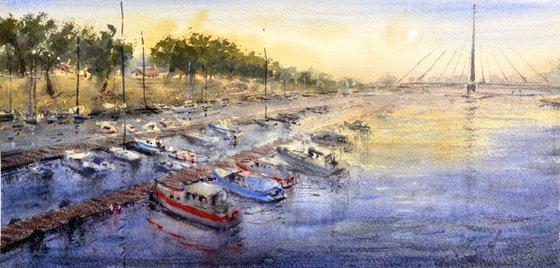 Boats on Ada Ciganlija - original watercolor fine art painting by Nenad Kojić